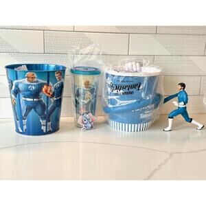 NEW Marvel Fantastic Four Popcorn Tin Mr Fantastic Popcorn Bucket Cup Lid Bundle